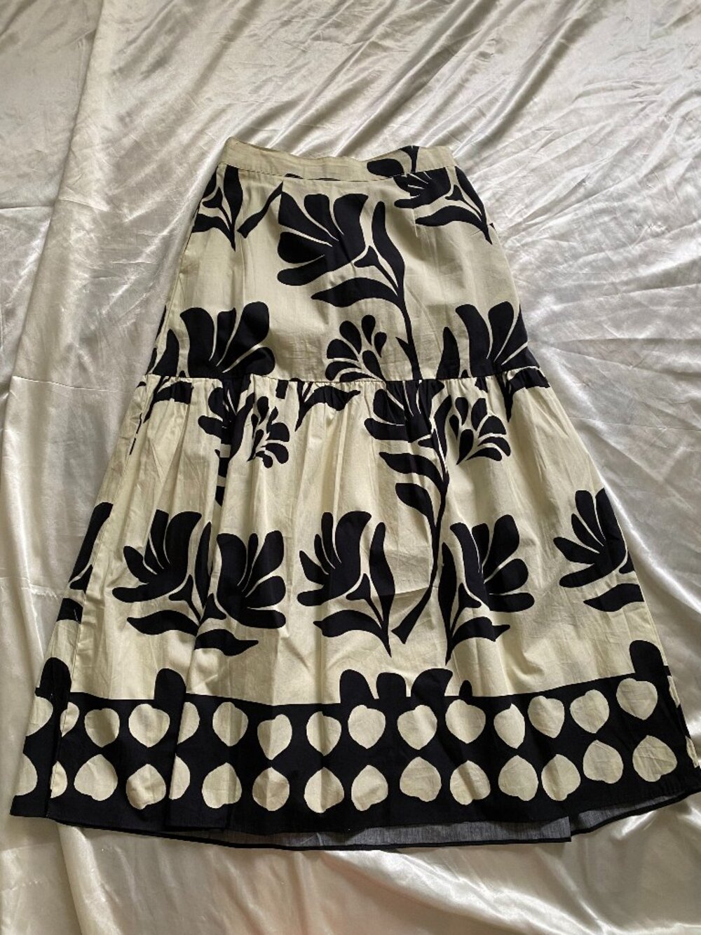 Maude Vivante 100% Cotton Cream Black Abstract Floral Tiered Skirt Boho XS